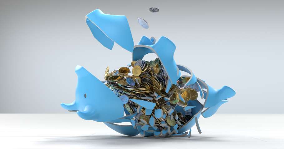 The piggy bank was thrown and broke and gold coins flowed out, Saving money concept. 3D illustration