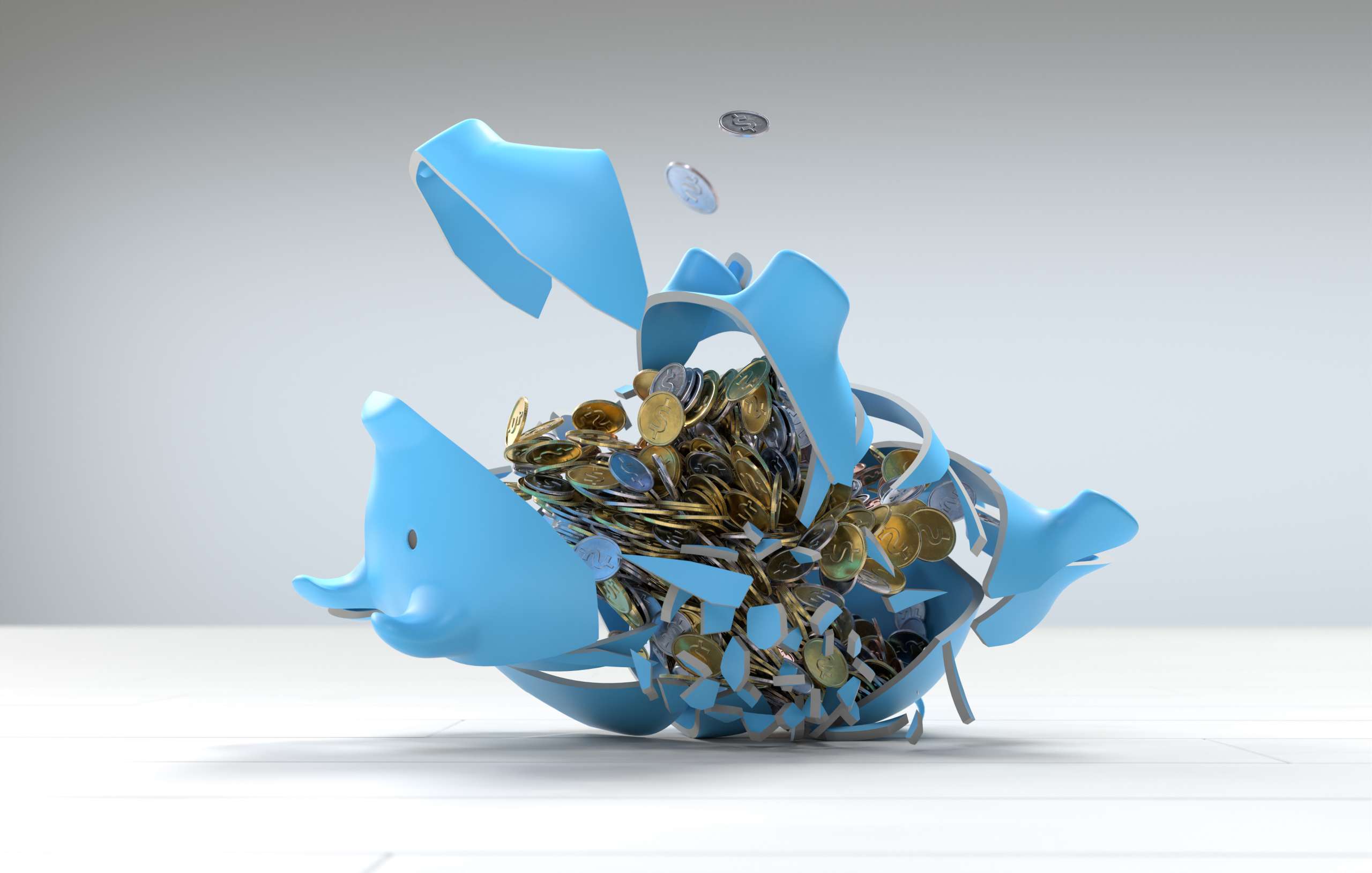 The piggy bank was thrown and broke and gold coins flowed out, Saving money concept. 3D illustration